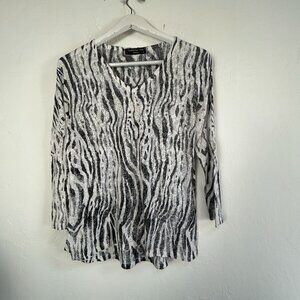 Katharina Marie Womens Long Sleeve Black & White Zebra Print V-Neck Top Large